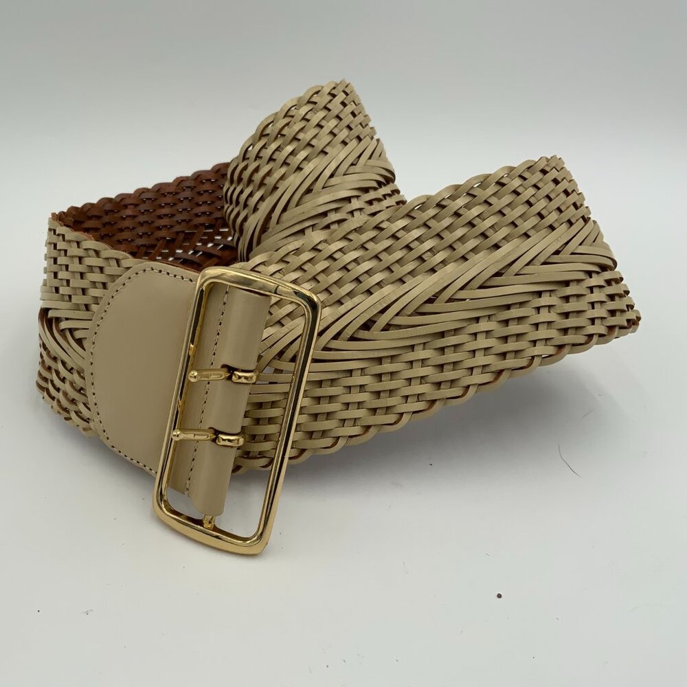 Linea Pelle Women's Cream Leather Woven Braided Wide Belt Brass Buckle - Size S - Picture 5 of 6